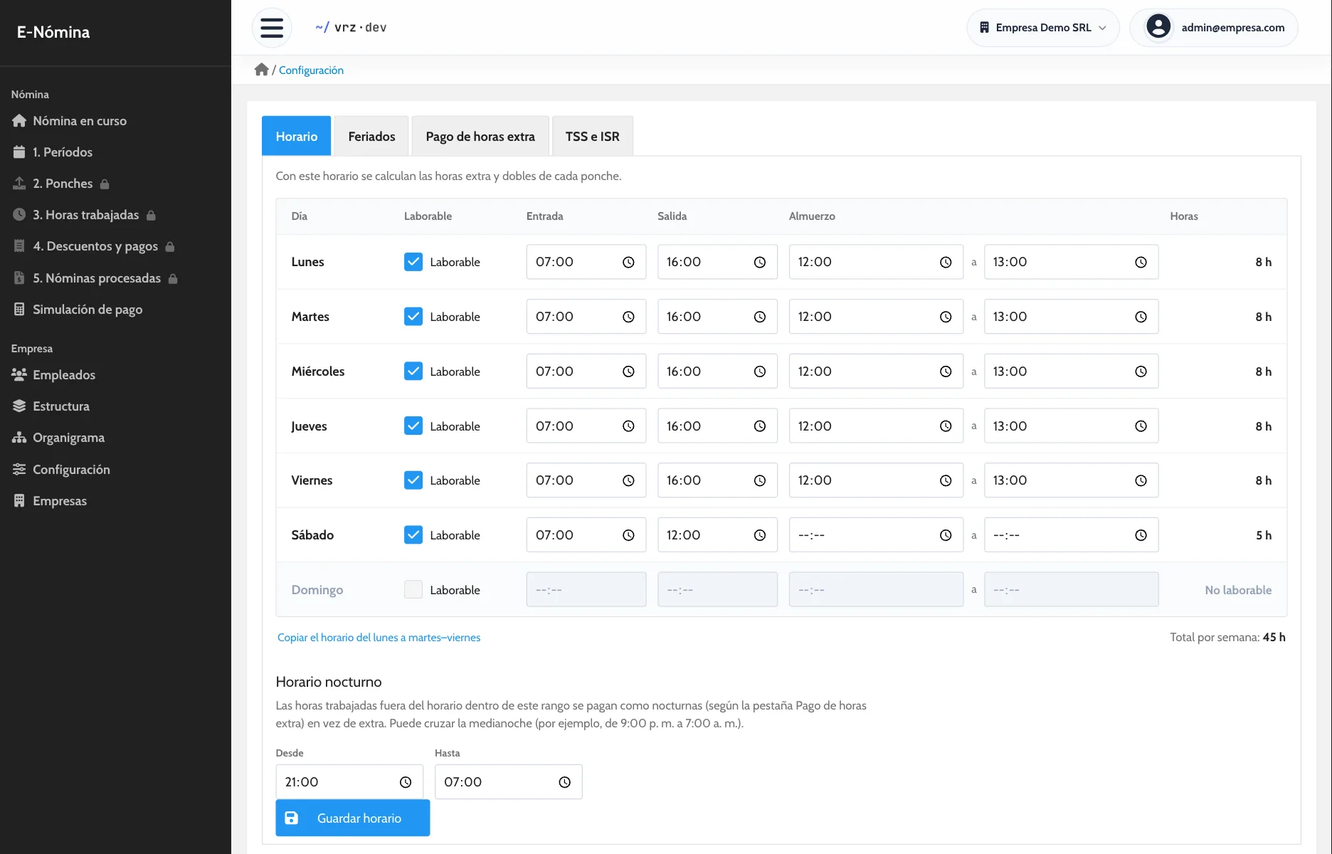Schedule and pay rules in E-Nómina